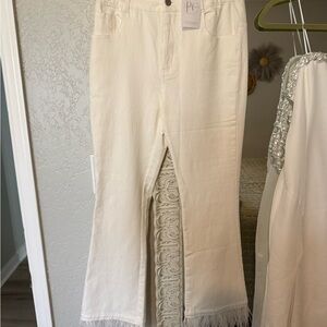 White/ivory denim bridal denim jeans pants with feather hem
